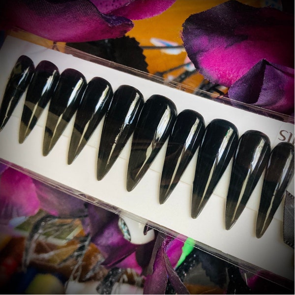 Paint it black high-gloss or matte stiletto press on nails; Custom, Made to order || Goth Horror Kitty Claws