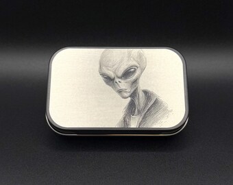 Grey Alien Extraterrestrial Design With Custom Organizer Inserts - Engraved Metal Storage Tin