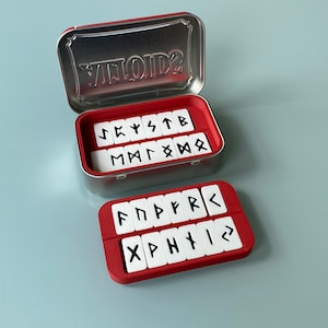 Rune Set inside Altoids tin box showing some trays outside the box