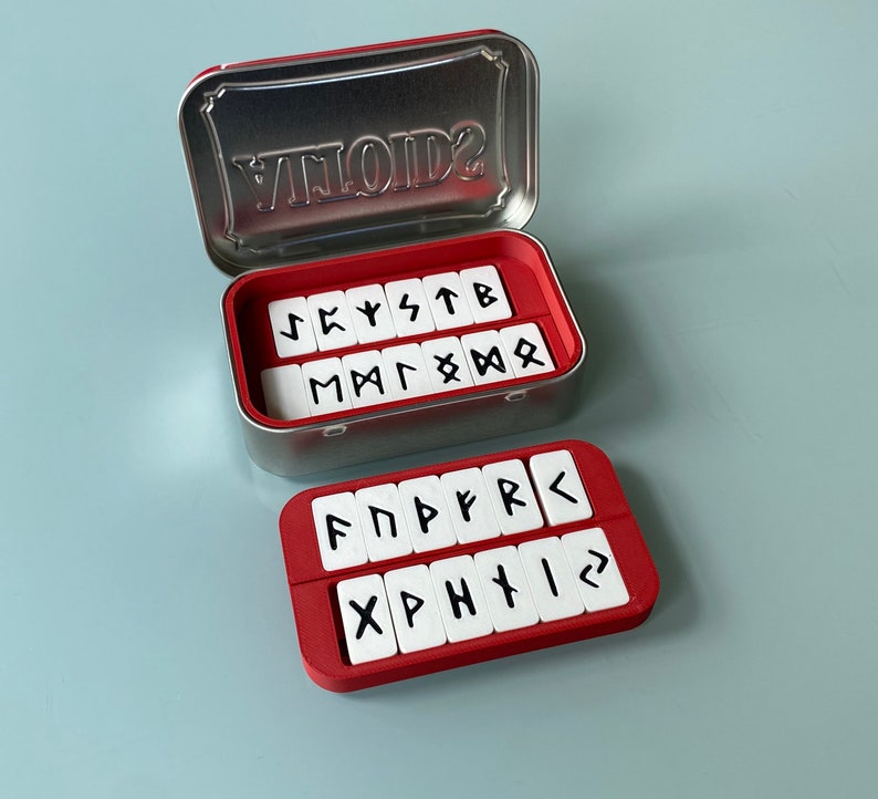 Rune Set inside Altoids tin box showing some trays outside the box