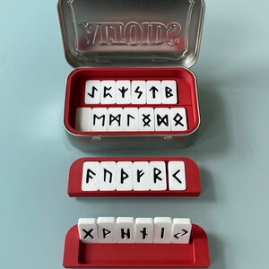 Rune Set inside Altoids tin box showing some trays outside the box
