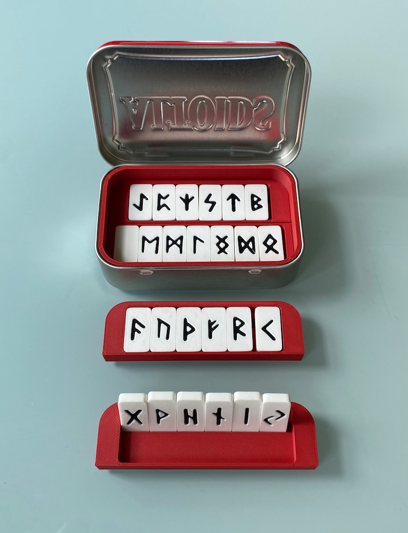 Rune Set inside Altoids tin box showing some trays outside the box