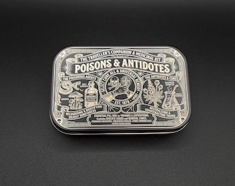 Poisons & Antidotes Travel Pill Box with Custom Organizer Insert - Engraved Metal Storage Tin