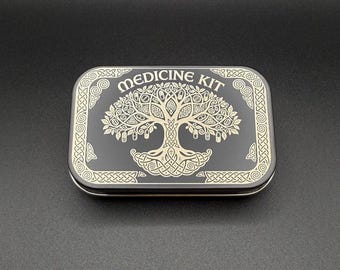 Celtic Tree of Life Pill Box with Custom Organizer Insert - Engraved Metal Storage Tin