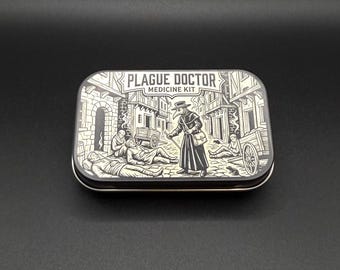 Plague Doctor Travel Pill Box with Custom Organizer Insert - Engraved Metal Storage Tin
