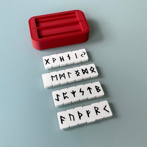 Rune Set insert for Altoids tin box showing stacked trays and insert with the runes outside
