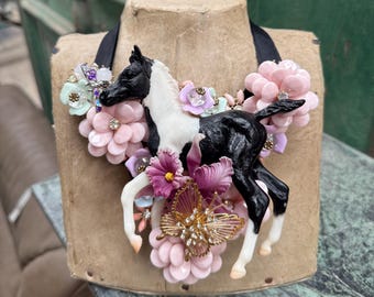 Chunky Floral Western Assemblage Necklace with Vintage Jewelry Pieces and Horse Figurine