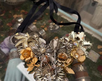 Floral Mixed Metals Assemblage Art Necklace with Hidden Bunny Rabbit Garden Theme