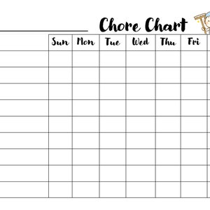May include: A white chore chart with a black grid and the days of the week labeled across the top. The words "Chore Chart" are written in a whimsical font. A cartoon illustration of a person cleaning is in the upper right corner.