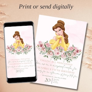 Editable Princess Birthday Invitation | Beauty and the Beast Belle Party | Floral Fairytale Digital Download | Printable Kids Invite 0458