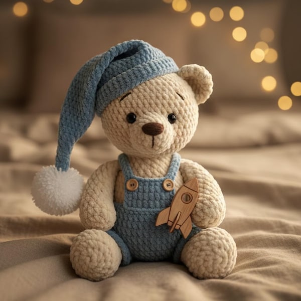 Sleepy Amigurumi Teddy Beer, Velvet Plush Toy Tutorial, Overalls Nightcap, Instant Download