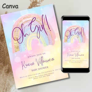 ¡Oh, niña! Invitación para baby shower con arcoíris / Descarga digital / Invitación personalizable para baby shower / Descarga instantánea / Diseño de arcoíris pastel, a15