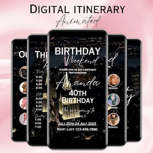 Invitation de week-end numérique d'anniversaire sur le thème de New York, itinéraire de voyage animé, calendrier de vacances voyage, modèle de planificateur de New York 0334