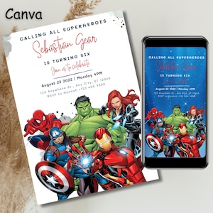 Modelo de convite de aniversário de super-heróis, convite para festa de aniversário para impressão, modelo de convite digital para festa infantil, aniversário de super-heróis, a9