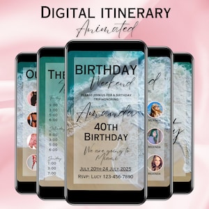 Invito del fine settimana di compleanno digitale, itinerario di viaggio animato, programma di vacanza per ragazze a Miami, invito di viaggio, modello di pianificazione modificabile 0332