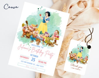 Editable Snow White, Birthday Invitation Template, Printable Birthday Party Invitation, Digital Kids Party Invite Template, Snow White card,