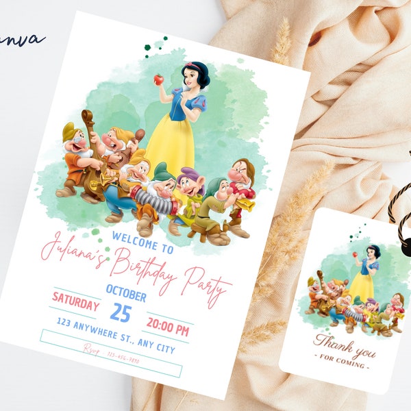 Editable Snow White, Birthday Invitation Template, Printable Birthday Party Invitation, Digital Kids Party Invite Template, Snow White card,