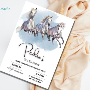 Editable Invitation Horse Birthday Party Invitation Girl or boy Birthday Invite white Horse Invitation Floral Saddle Up Template 0027