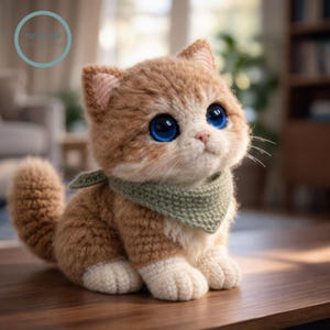 Peut inclure: Un chat en crochet fait à la main avec une fourrure orange et blanche, de grands yeux bleus et un foulard vert. Le chat est assis sur une surface en bois. L'image comprend un arrière-plan flou avec le texte "PDF Pattern Download".