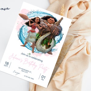 Sjabloon voor bewerkbare Moana-verjaardagsuitnodiging, afdrukbare verjaardagsuitnodiging, sjabloon voor digitale kinderfeestje, uitnodiging voor Moana-verjaardagskaart, Maui