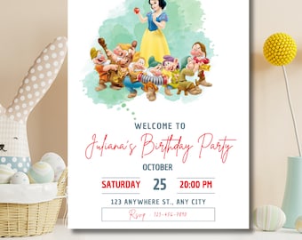 Editable Snow White, Birthday Invitation Template, Printable Birthday Party Invitation, Digital Kids Party Invite Template, Snow White card,