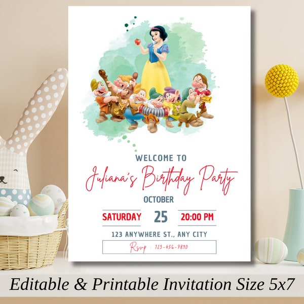 Editable Snow White, Birthday Invitation Template, Printable Birthday Party Invitation, Digital Kids Party Invite Template, Snow White card,