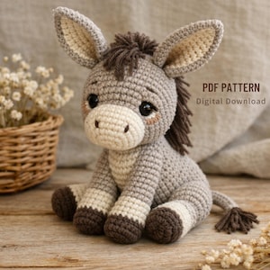 Handmade Crochet Donkey Plush – Amigurumi Farm Animal Toy – Neutral Nursery Decor – Soft Cotton
