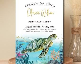 Turtle Party Invitation, Turtle Birthday, Turtle Invitation template, Kids Birthday Invite, Under the Sea Invitation, Editable Digital 0274