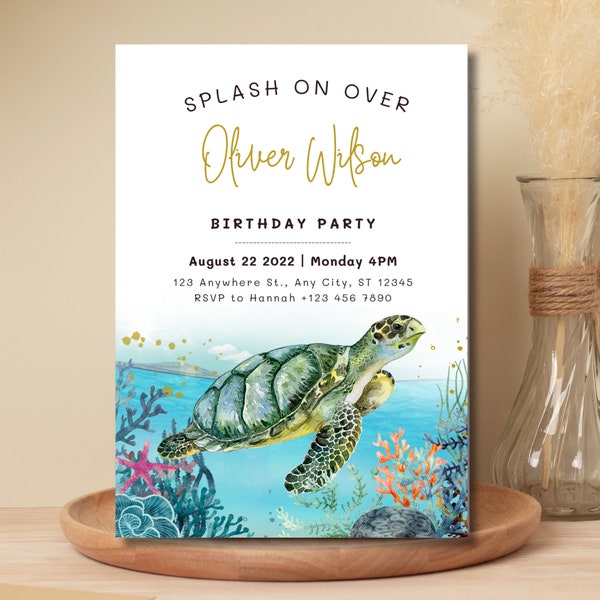 Turtle Party Invitation, Turtle Birthday, Turtle Invitation template, Kids Birthday Invite, Under the Sea Invitation, Editable Digital 0274