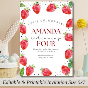Editable Strawberry Birthday Invitation, Strawberry Birthday Invite Template, Outdoor Birthday Party, Strawberry party, Watercolour 0447