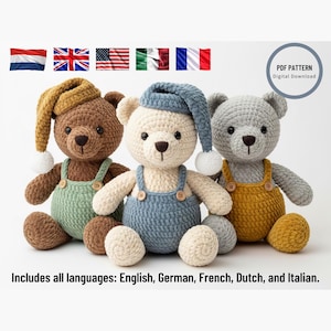 Sleepy Amigurumi Teddy Beer, Velvet Plush Toy Tutorial, Overalls Nightcap, Instant Download
