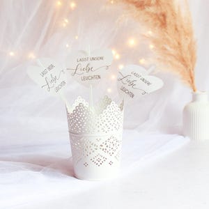 Herz-Schild “Lasst unsere Liebe leuchten” für Leuchtstäbe – Hochzeit Deko aus Transparentpapier, DIY Deko, Hochzeitsdeko