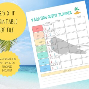 May include: Printable 8.5 x 11 inch vacation outfit planner PDF file. The planner has a colorful design with a palm tree and island graphic. It includes sections for weather, morning, afternoon, and evening outfits. There are also sections for packing notes and daily outfit planning.
