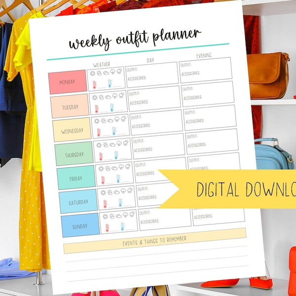 Weekly Outfit Planner PDF Printable | Digital Download | 7 Day Wardrobe Planner | Fashion Tracker