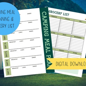 May include: A printable camping meal planner and grocery list. The planner has a white background with black text and green borders. The grocery list has a green background with white text and checkboxes. The image is set against a background of a green grassy field and a blue camper van.
