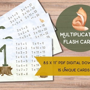 Vermenigvuldigingskaarten | Afdrukbare download | Whimsical Woodland aquarel bosthema wiskunde flashcards voor thuisonderwijs, CC Cycles 1, 2, 3