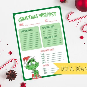 Lista de deseos navideños de Grinch Kids / Guía de regalos navideños en PDF imprimible para la familia / Todo lo que quiero para Navidad Lo que los niños quieren leer Lista de necesidades