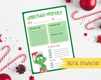 Grinch Kids Christmas Wishlist | Printable PDF Holiday Gift Guide for Family | All I Want for Christmas Children&#39;s Want Read Need List