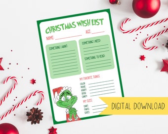 Grinch Kids Christmas Wishlist | Printable PDF Holiday Gift Guide for Family | All I Want for Christmas Children's Want Read Need List