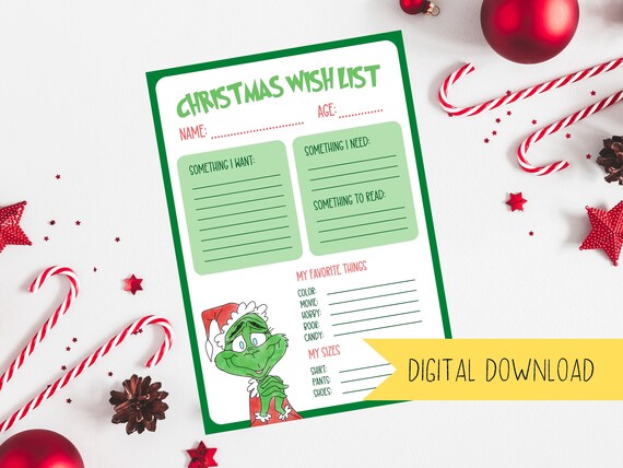 Grinch Kids Christmas Wishlist | Printable PDF Holiday Gift Guide for  Family | All I Want for Christmas Children's Want Read Need List