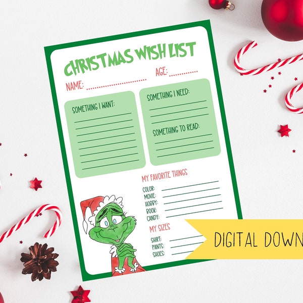 Grinch Kids Christmas Wishlist | Printable PDF Holiday Gift Guide for Family | All I Want for Christmas Children's Want Read Need List