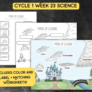 May include: Black and white printable worksheets for kids to learn about different types of clouds. The worksheets include a matching activity, a labeling activity, and a coloring activity. The worksheets feature illustrations of clouds, a castle, trees, and a bridge.