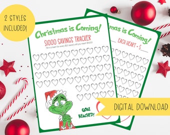 Grinch Christmas Savings Challenge | 1k and Blank Included | Printable PDF Holiday Gift Savings Tracker | Sinking Fund Financial Planner