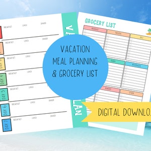May include: A printable vacation meal planning and grocery list template. The template is designed with a colorful tropical theme and includes a section for each day of the week, with spaces for breakfast, lunch, and dinner. There is also a grocery list section with categories for produce, frozen, dairy, beverages, bakery, and other.