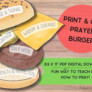 Actividad de la hamburguesa de oración + Bono / Imprimible cristiano divertido e interactivo para niños / Enseñe a los niños a orar / Para el estudio bíblico, la escuela dominical