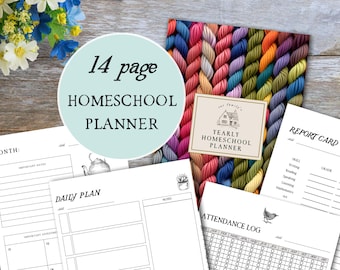 Homeschool Planner | 14 Page PDF Printable, Two Covers | Curriculum Tracker, Grade Record, Attendance Tracker, Report Card, and More
