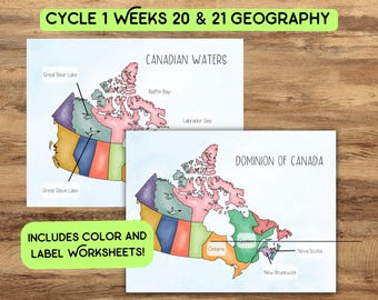 Puede incluir: Dos mapas imprimibles de Canadá, uno que muestra las aguas canadienses y el otro que muestra las provincias. Los mapas están en color e incluyen los nombres de las masas de agua y las provincias. El texto "CYCLE 1 WEEKS 20 & 21 GEOGRAPHY" está en la parte superior de la página. El texto "INCLUDES COLOR AND LABEL WORKSHEETS!" está en la parte inferior de la página.