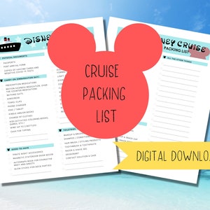 May include: A printable Disney Cruise packing list with a Mickey Mouse head graphic. The list is divided into sections for physical documents, carry-on items, toiletries, good-to-have items, and all the other things. The list is in a digital download format.