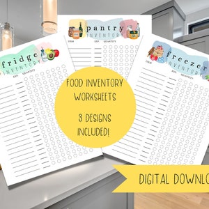 May include: Three printable food inventory worksheets with watercolor illustrations of a fridge, pantry, and freezer. Each worksheet has a list of items, expiration dates, and quantities.
