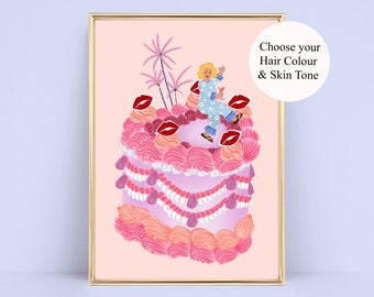 Lips Cake Print | A5 A4 A3 Unframed | Birthday Girl Gift, Kitchen Print, Fun Food Illustration, Dopamine Décor, Unique Colourful Wall Art